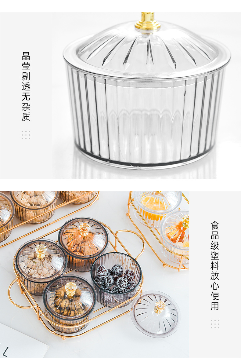 Nordic Dried Fruit Dish Snack Dish Snack Dish Transparent round Fruit Plate Dessert Compartment Tray Iron Box with Cover
