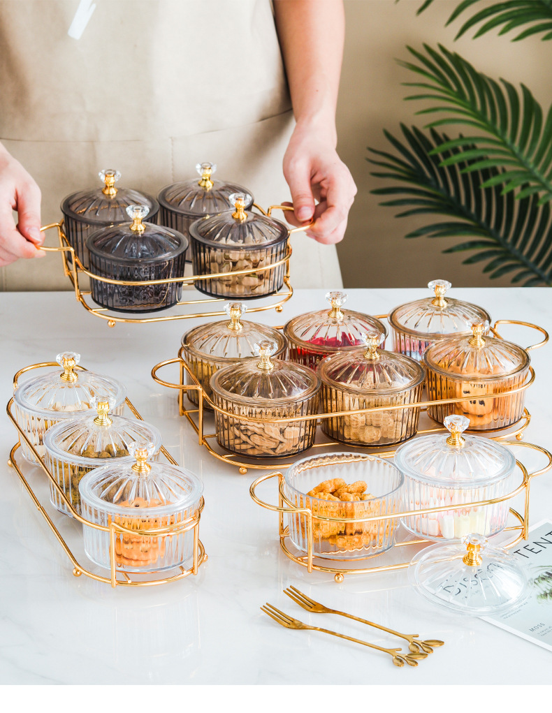 Nordic Dried Fruit Dish Snack Dish Snack Dish Transparent round Fruit Plate Dessert Compartment Tray Iron Box with Cover