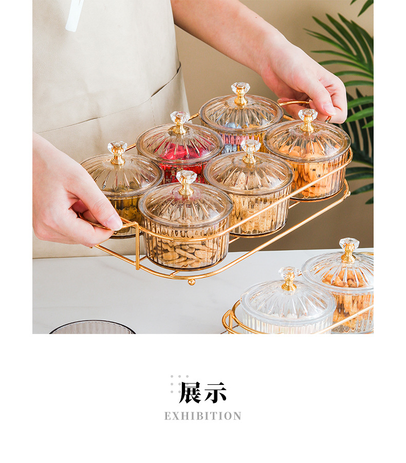 Nordic Dried Fruit Dish Snack Dish Snack Dish Transparent round Fruit Plate Dessert Compartment Tray Iron Box with Cover
