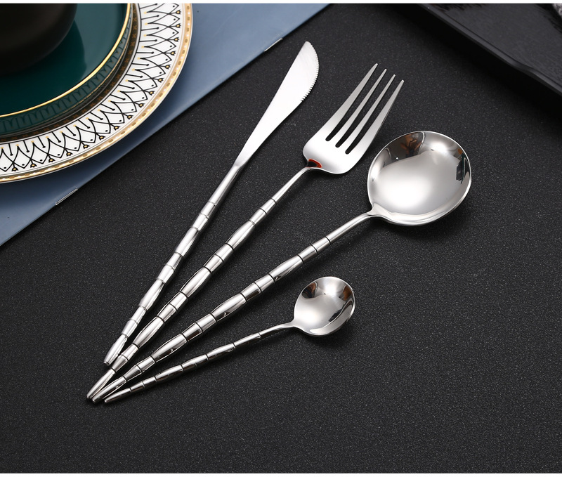 Set of 4 pcs 304 Stainless Steel Bamboo Joint Knife, Fork and Spoon Tea Spoon Tableware Gift Set