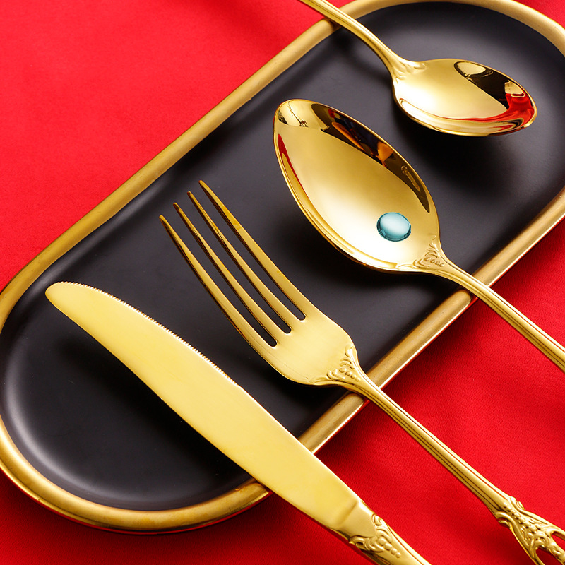 304 Stainless Steel Spoon Fork Embossed European Court Titanium-Plated Gold Court Tableware Western Food Knife, Fork and Spoon Suit