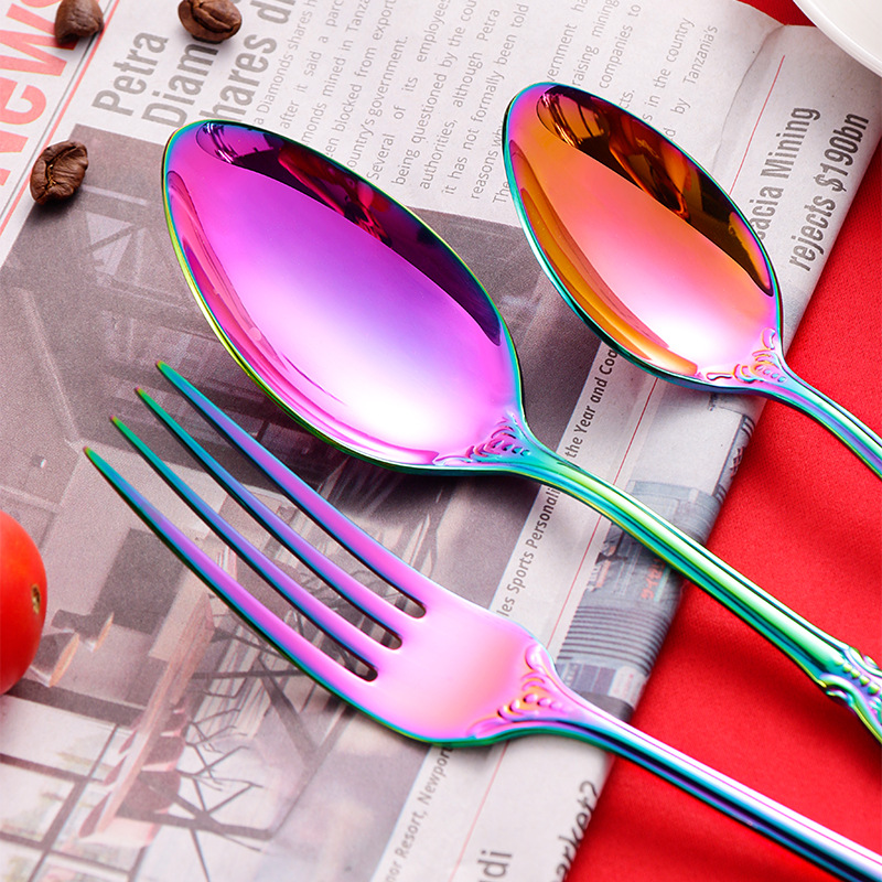 304 Stainless Steel Spoon Fork Embossed European Court Titanium-Plated Gold Court Tableware Western Food Knife, Fork and Spoon Suit