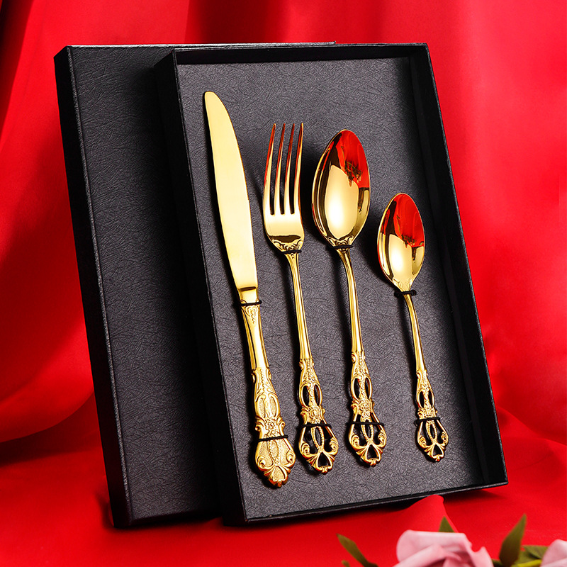 304 Stainless Steel Spoon Fork Embossed European Court Titanium-Plated Gold Court Tableware Western Food Knife, Fork and Spoon Suit