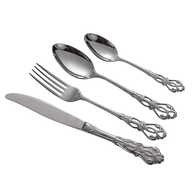 304 Stainless Steel Spoon Fork Embossed European Court Titanium-Plated Gold Court Tableware Western Food Knife, Fork and Spoon Suit