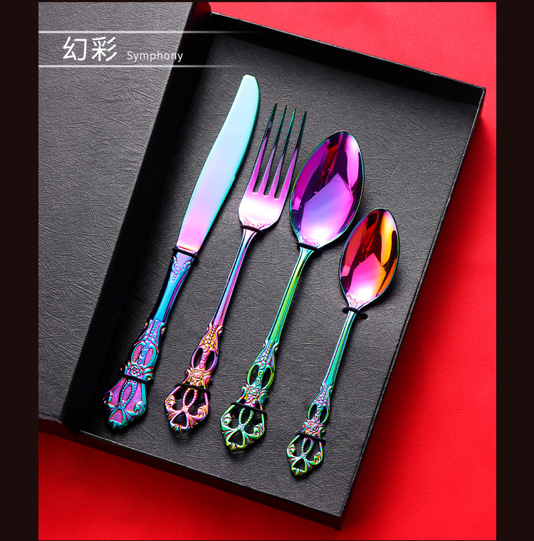 304 Stainless Steel Spoon Fork Embossed European Court Titanium-Plated Gold Court Tableware Western Food Knife, Fork and Spoon Suit 304 Stainless Steel Spoon Fork Embossed European Court Titanium-Plated Gold Court Tableware Western Food Knife, Fork and Spoon Suit