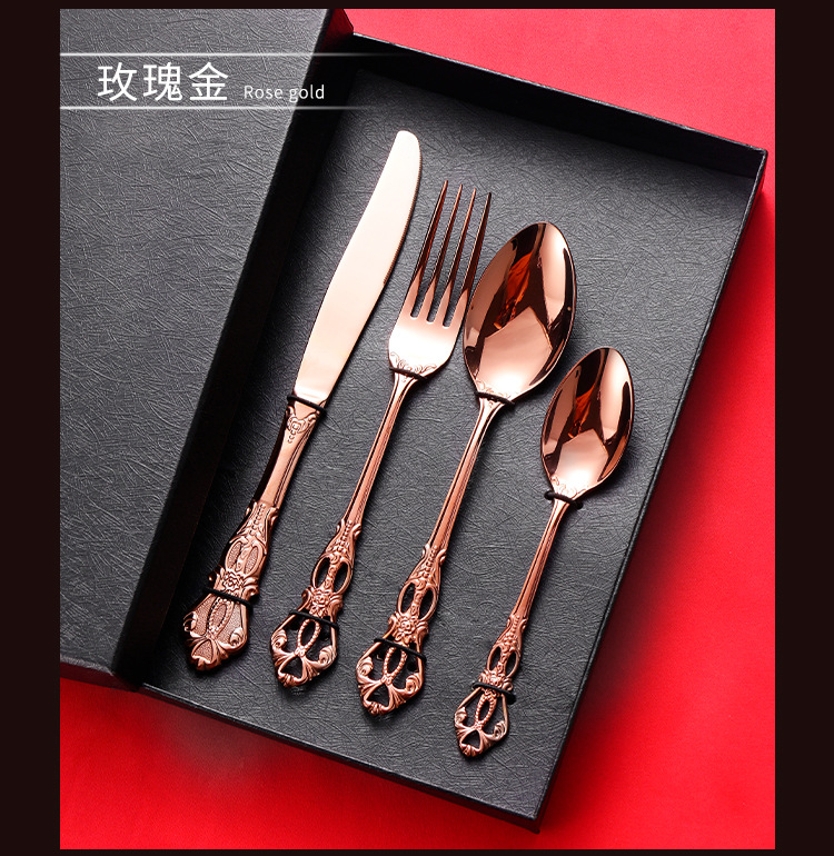304 Stainless Steel Spoon Fork Embossed European Court Titanium-Plated Gold Court Tableware Western Food Knife, Fork and Spoon Suit 304 Stainless Steel Spoon Fork Embossed European Court Titanium-Plated Gold Court Tableware Western Food Knife, Fork and Spoon Suit