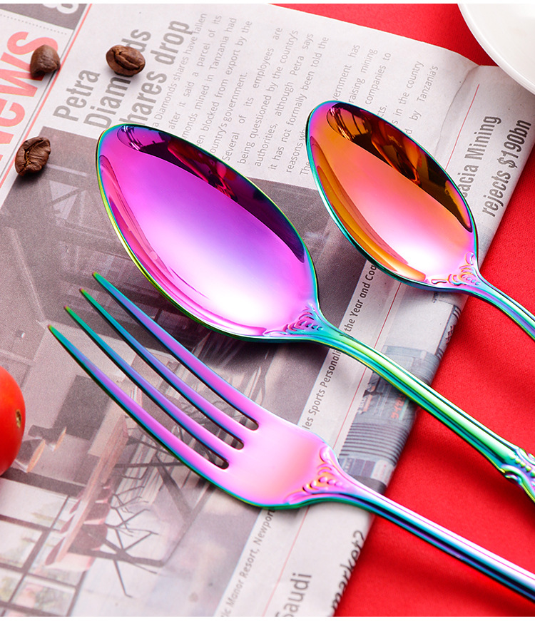 304 Stainless Steel Spoon Fork Embossed European Court Titanium-Plated Gold Court Tableware Western Food Knife, Fork and Spoon Suit 304 Stainless Steel Spoon Fork Embossed European Court Titanium-Plated Gold Court Tableware Western Food Knife, Fork and Spoon Suit