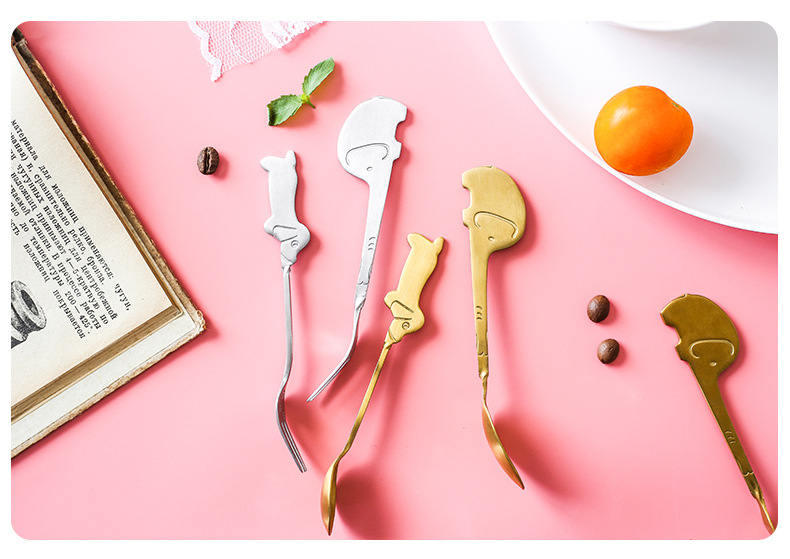 Stainless steel tableware creative gift cartoon small elephant dog spoon fork fruit fork coffee spoon
