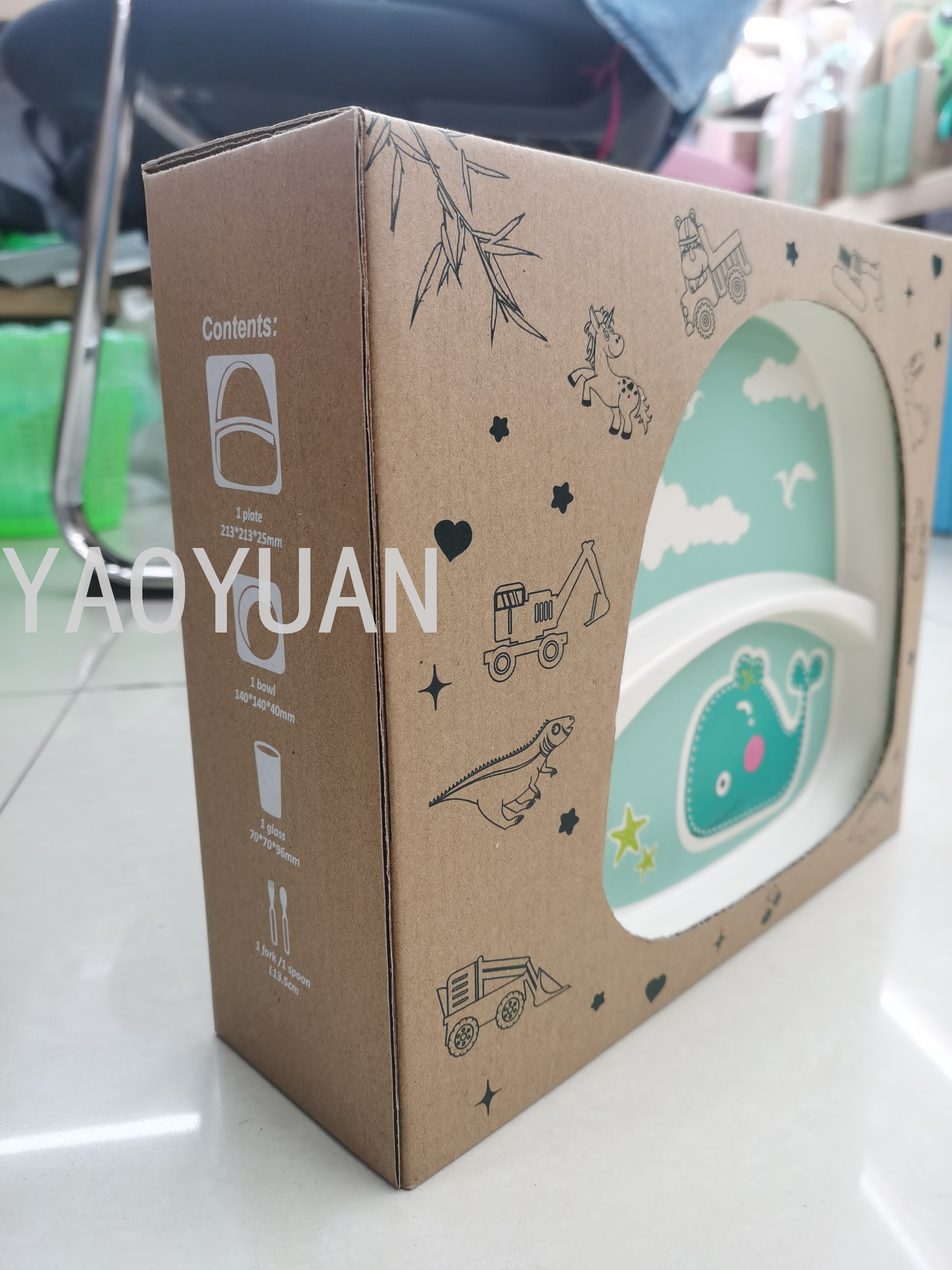 Creative Bamboo Fiber Environmental Protection Children's Tableware Cartoon Bowl Plate Spork Cup Set Compartment Gift Gift Box