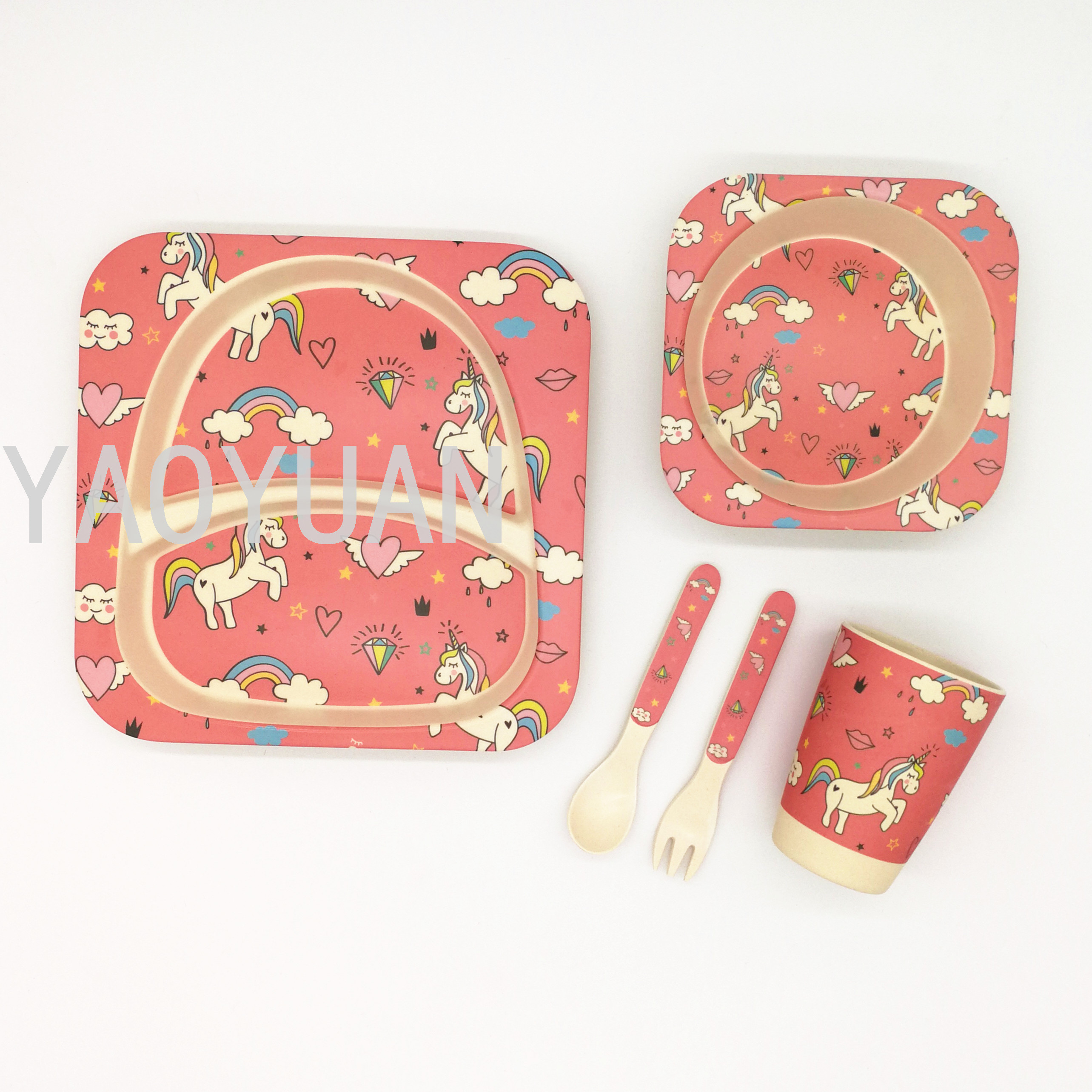 Creative Bamboo Fiber Environmental Protection Children's Tableware Cartoon Bowl Plate Spork Cup Set Compartment Gift Gift Box