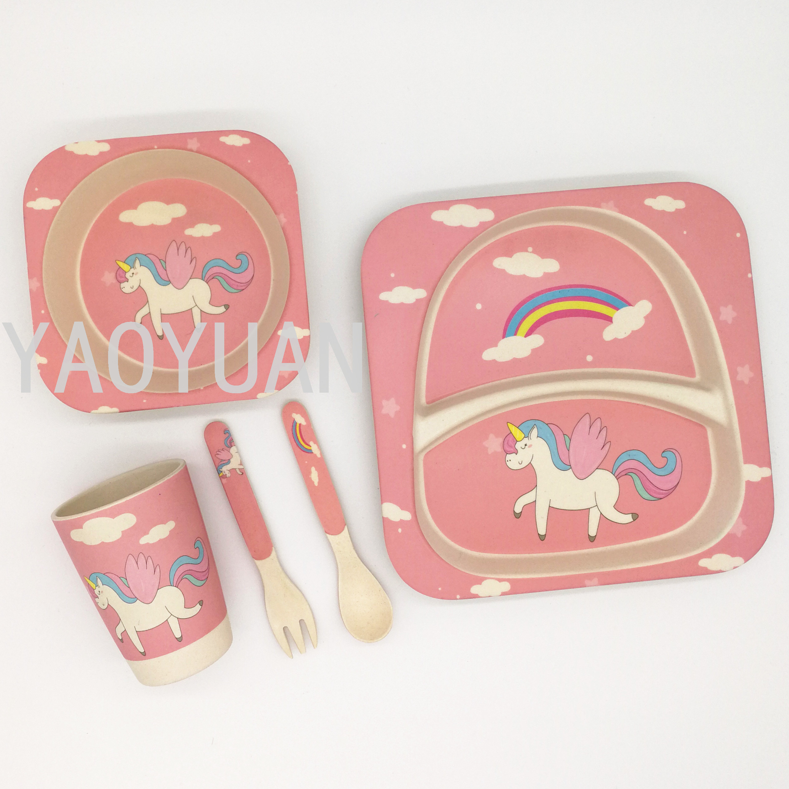 Creative Bamboo Fiber Environmental Protection Children's Tableware Cartoon Bowl Plate Spork Cup Set Compartment Gift Gift Box