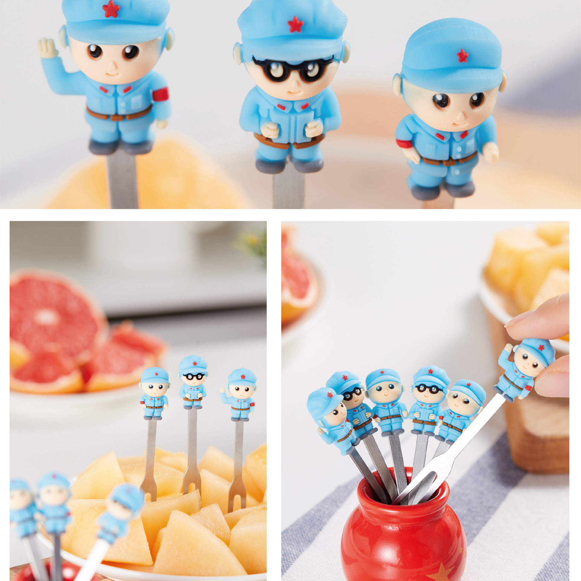 Creative Cartoon Red Army Stainless Steel Fruit Fork Set 6 Assembly Base Ceramic Fruit Fork