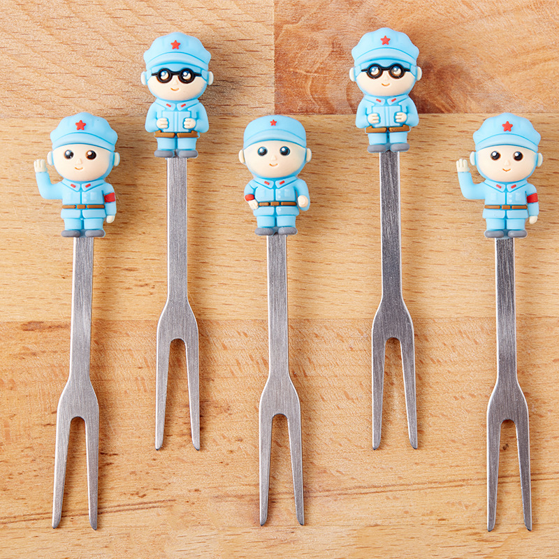 Creative Cartoon Red Army Stainless Steel Fruit Fork Set 6 Assembly Base Ceramic Fruit Fork