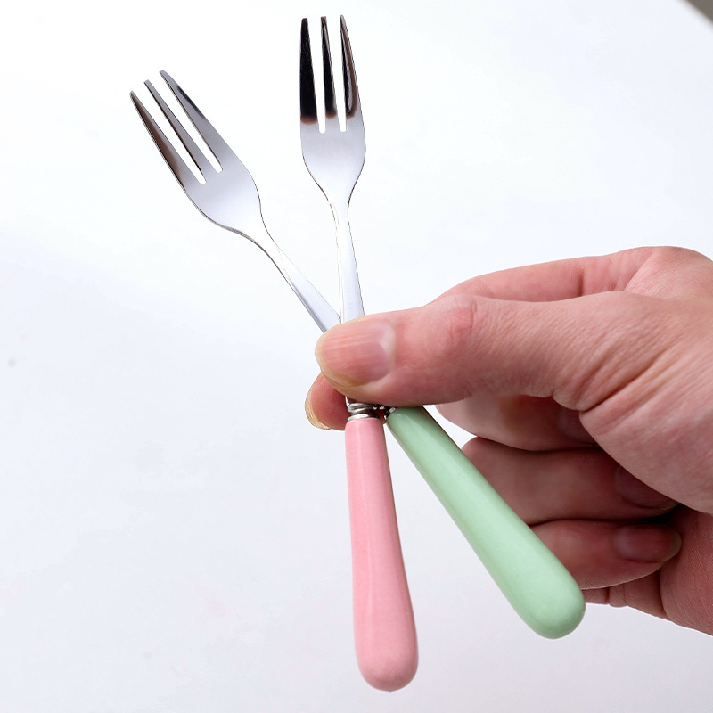 INS Creative Japanese Candy Color Porcelain Handle Stainless Steel Knife and Forks Fruit Dessert Stainless Steel Fork Western Tableware