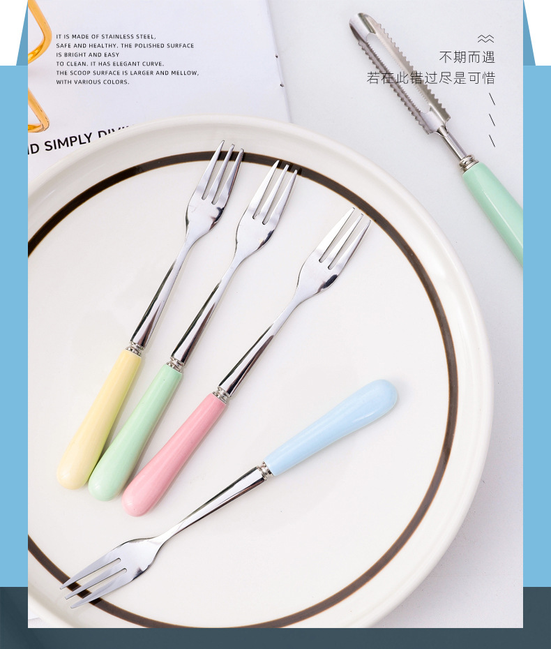 INS Creative Japanese Candy Color Porcelain Handle Stainless Steel Knife and Forks Fruit Dessert Stainless Steel Fork Western Tableware INS Creative Japanese Candy Color Porcelain Handle Stainless Steel Knife and Forks Fruit Dessert Stainless Steel Fork Western Tableware