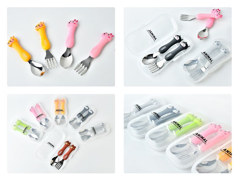 Foreign Trade Supply Dcs2041 Cartoon Fork Spoon Tableware Portable Travel Two-Piece Set Children's Stainless Steel Tableware Suit