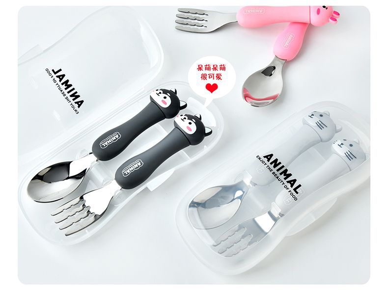 Foreign Trade Supply Dcs2041 Cartoon Fork Spoon Tableware Portable Travel Two-Piece Set Children's Stainless Steel Tableware Suit