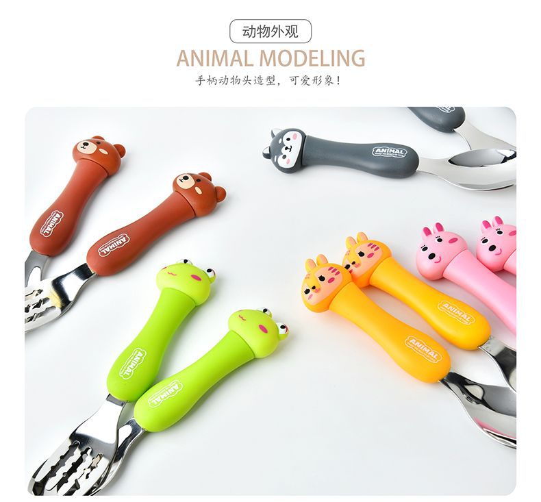 Foreign Trade Supply Dcs2041 Cartoon Fork Spoon Tableware Portable Travel Two-Piece Set Children's Stainless Steel Tableware Suit