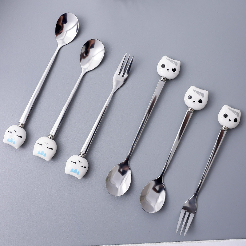 Japanese Cartoon Porcelain Handle Stainless Steel Spoon Creative Stainless Steel Fruit Fork Simple Korean Style Stainless Steel Coffee Spoon