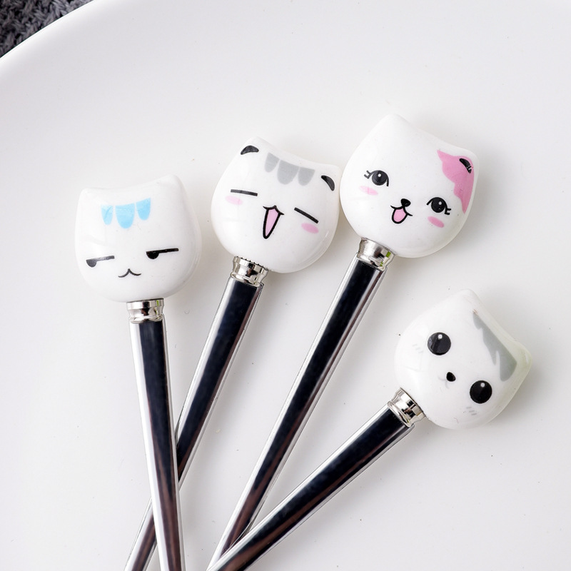 Japanese Cartoon Porcelain Handle Stainless Steel Spoon Creative Stainless Steel Fruit Fork Simple Korean Style Stainless Steel Coffee Spoon
