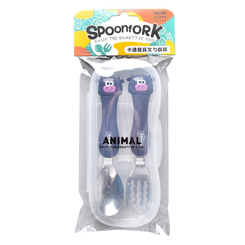 Travel Portable Dcs2044 Cartoon Calf Cartoon Tableware Fork Spoon Set Stainless Steel 304 Children&#039;s Tableware with Box