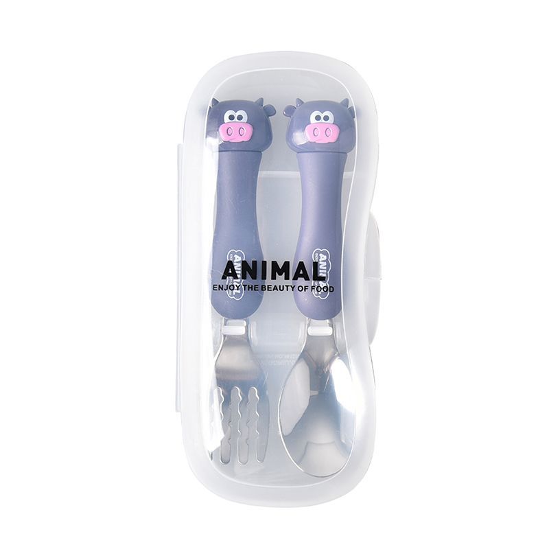 Travel Portable Dcs2044 Cartoon Calf Cartoon Tableware Fork Spoon Set Stainless Steel 304 Children&#039;s Tableware with Box
