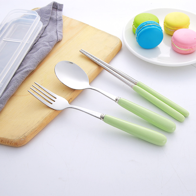 Chinese style porcelain handle fork spoon set of three portable tableware students camping dining tableware