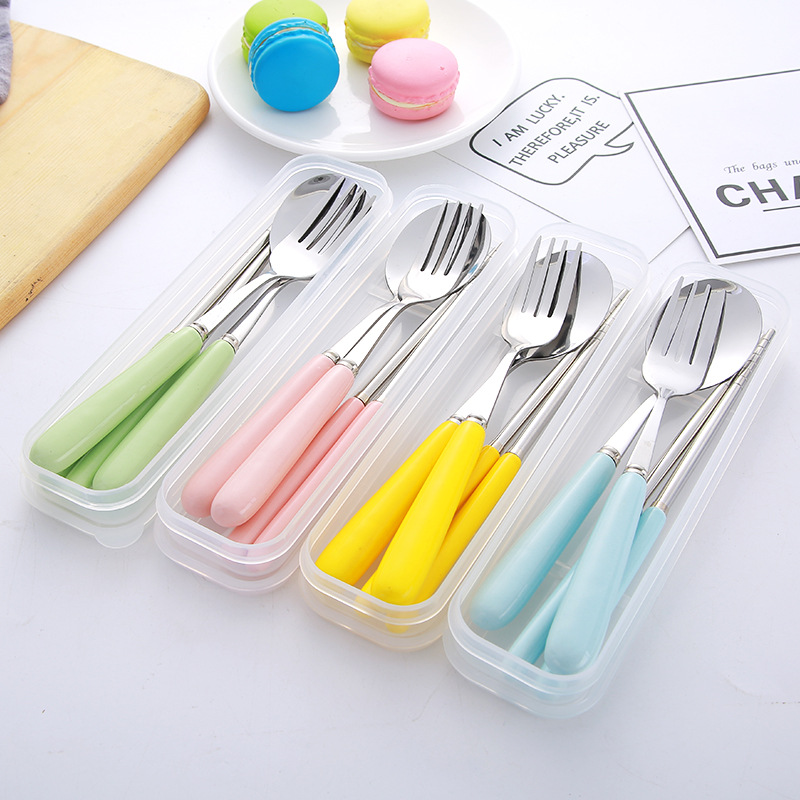 Chinese style porcelain handle fork spoon set of three portable tableware students camping dining tableware