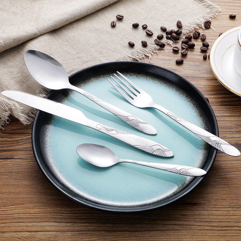 Stainless steel tableware, knife, fork and spoon, Western steak knife retro Crane carved European tableware family