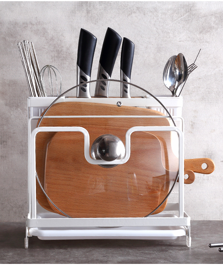 Kitchen Supplies White Table Knife Rack Chopping Board Pot Lid Chopsticks Integrated Storage Rack Iron Knife Draining Storage Rack