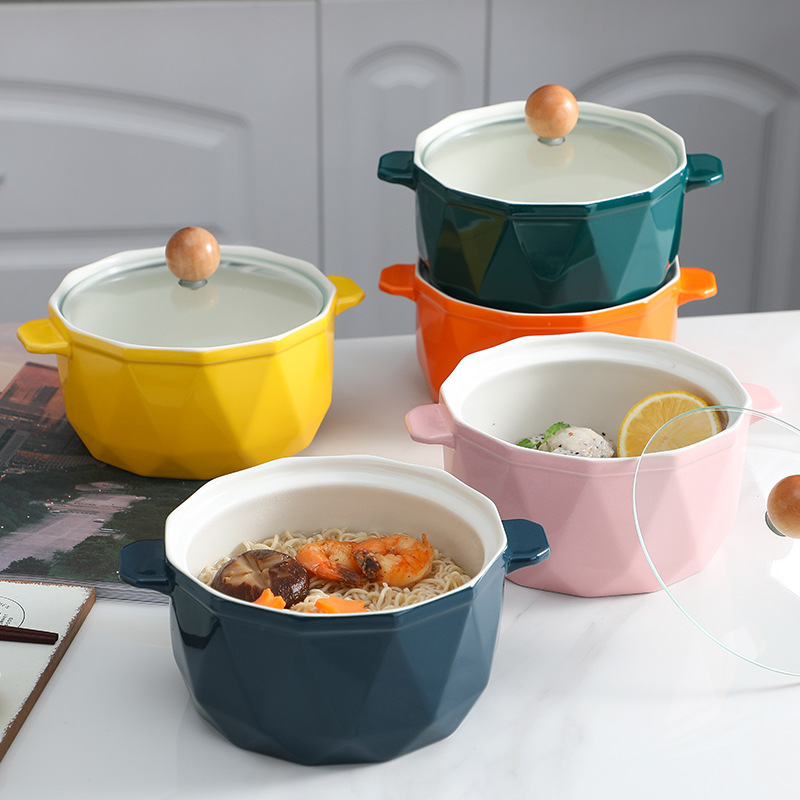 Nordic Ins Tableware Large Capacity Ceramic Bowl with Lid Student Household Anti-Scald Instant Noodle Bowl Business Gift Customization
