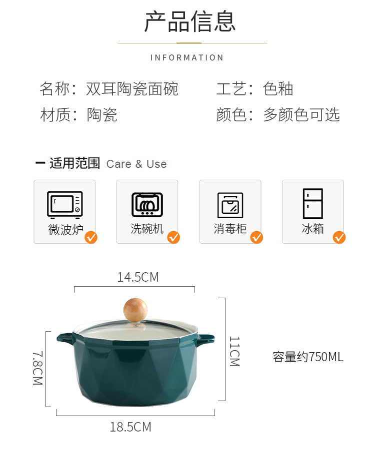 Nordic Ins Tableware Large Capacity Ceramic Bowl with Lid Student Household Anti-Scald Instant Noodle Bowl Business Gift Customization