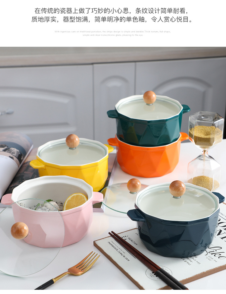 Nordic Ins Tableware Large Capacity Ceramic Bowl with Lid Student Household Anti-Scald Instant Noodle Bowl Business Gift Customization