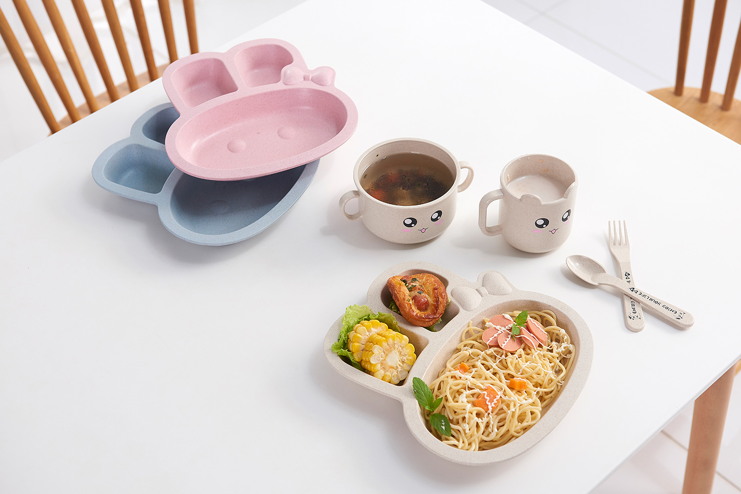 Maixiang Rabbit Plate Children's Cartoon Wheat Straw Tableware Set Kindergarten Baby Grid Plate Drop-Resistant