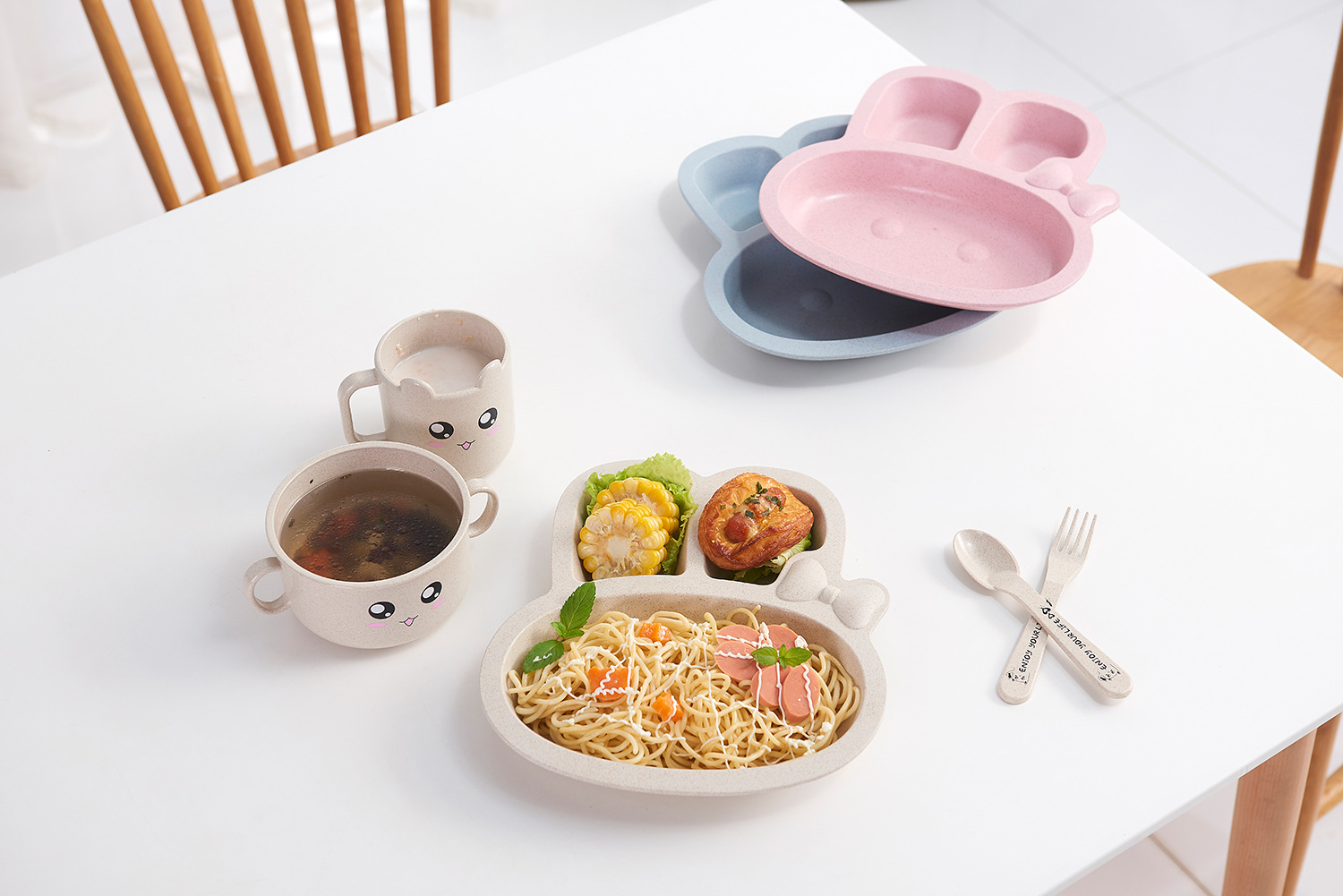 Maixiang Rabbit Plate Children's Cartoon Wheat Straw Tableware Set Kindergarten Baby Grid Plate Drop-Resistant