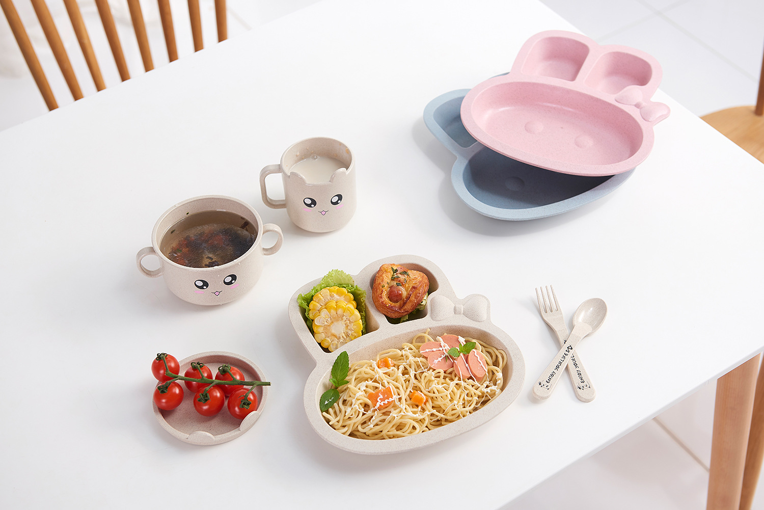 Maixiang Rabbit Plate Children's Cartoon Wheat Straw Tableware Set Kindergarten Baby Grid Plate Drop-Resistant