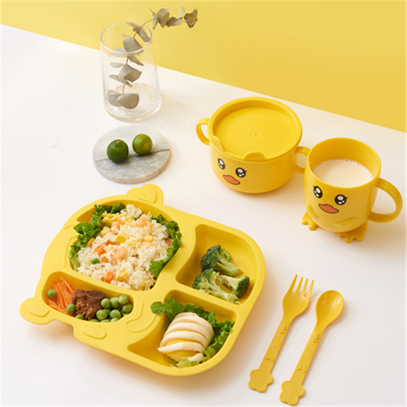 Small Yellow Duck Bowl Cup Spoon Fork 5-Piece Tableware Children&#039;s Cute Grid Cartoon Shape Lunch Plate Kindergarten Lunch Plate