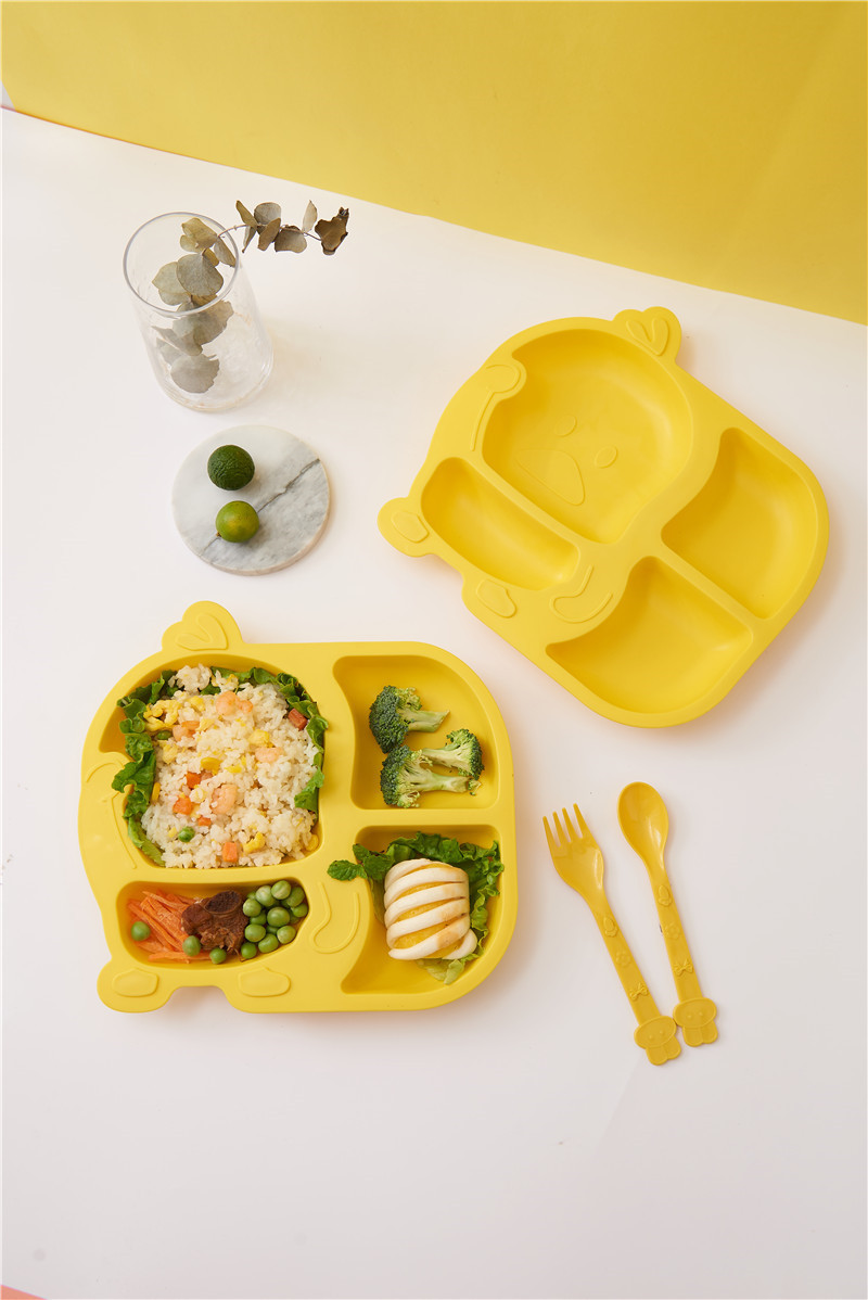 Small Yellow Duck Bowl Cup Spoon Fork 5-Piece Tableware Children's Cute Grid Cartoon Shape Lunch Plate Kindergarten Lunch Plate