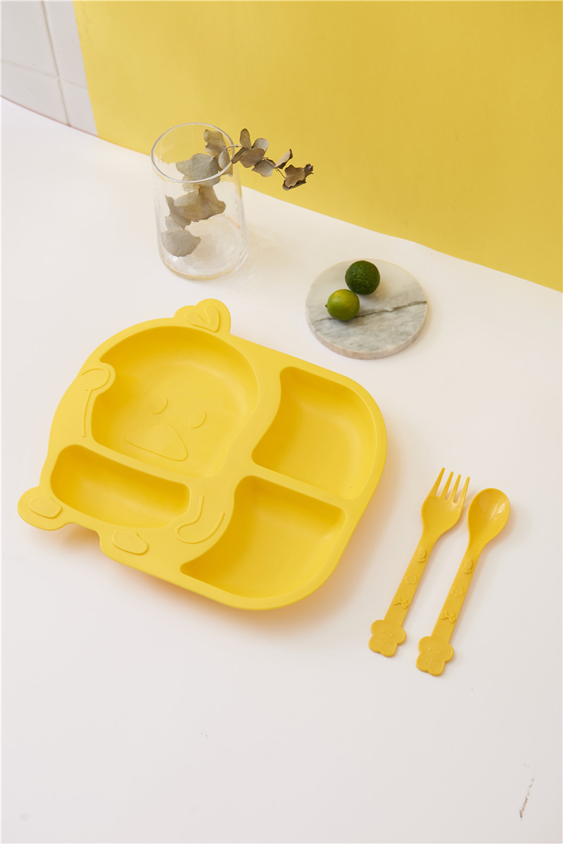 Small Yellow Duck Bowl Cup Spoon Fork 5-Piece Tableware Children's Cute Grid Cartoon Shape Lunch Plate Kindergarten Lunch Plate