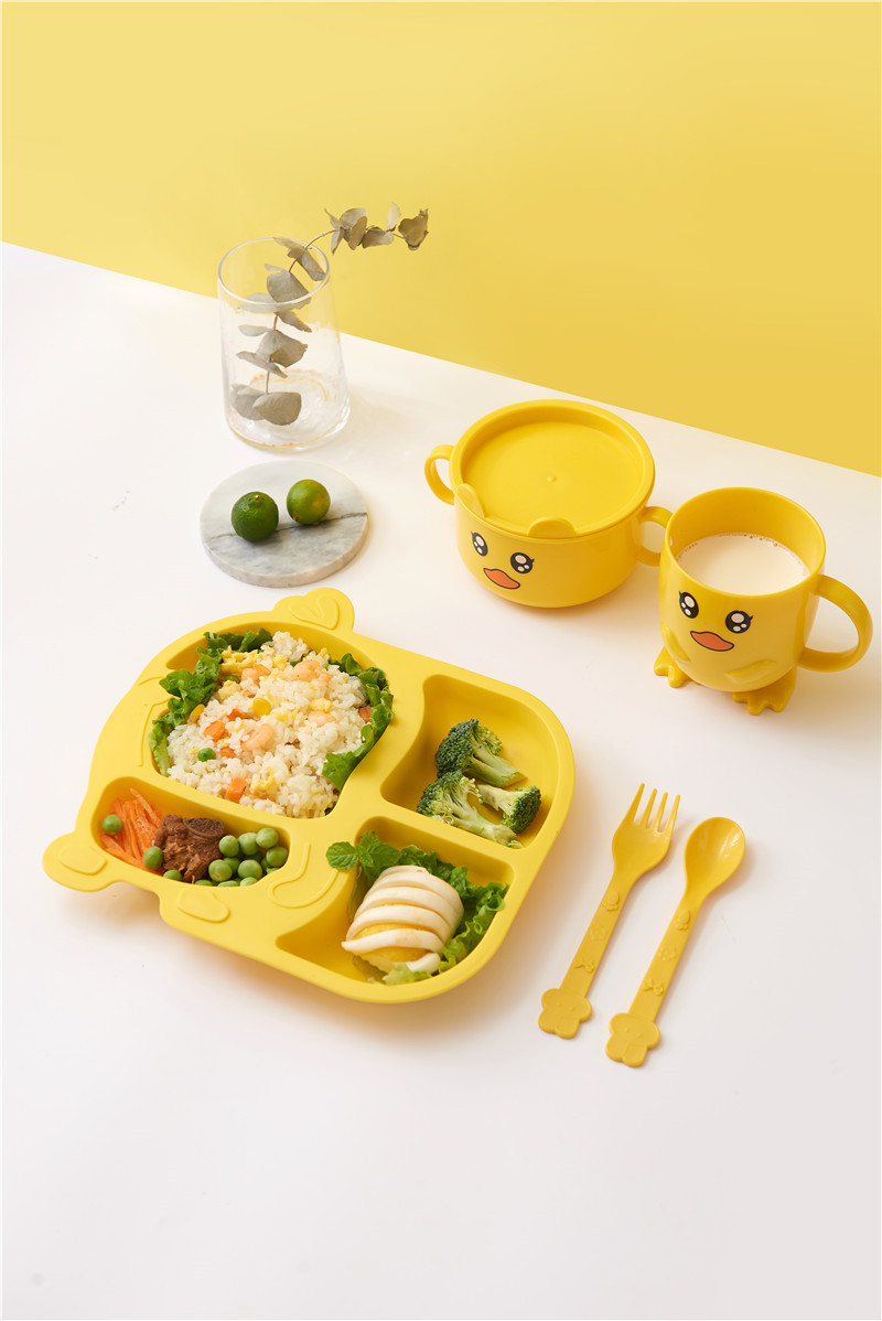 Small Yellow Duck Bowl Cup Spoon Fork 5-Piece Tableware Children's Cute Grid Cartoon Shape Lunch Plate Kindergarten Lunch Plate