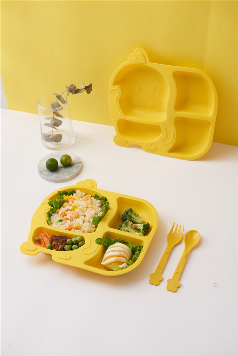 Small Yellow Duck Bowl Cup Spoon Fork 5-Piece Tableware Children's Cute Grid Cartoon Shape Lunch Plate Kindergarten Lunch Plate