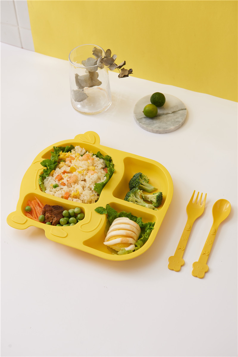 Small Yellow Duck Bowl Cup Spoon Fork 5-Piece Tableware Children's Cute Grid Cartoon Shape Lunch Plate Kindergarten Lunch Plate