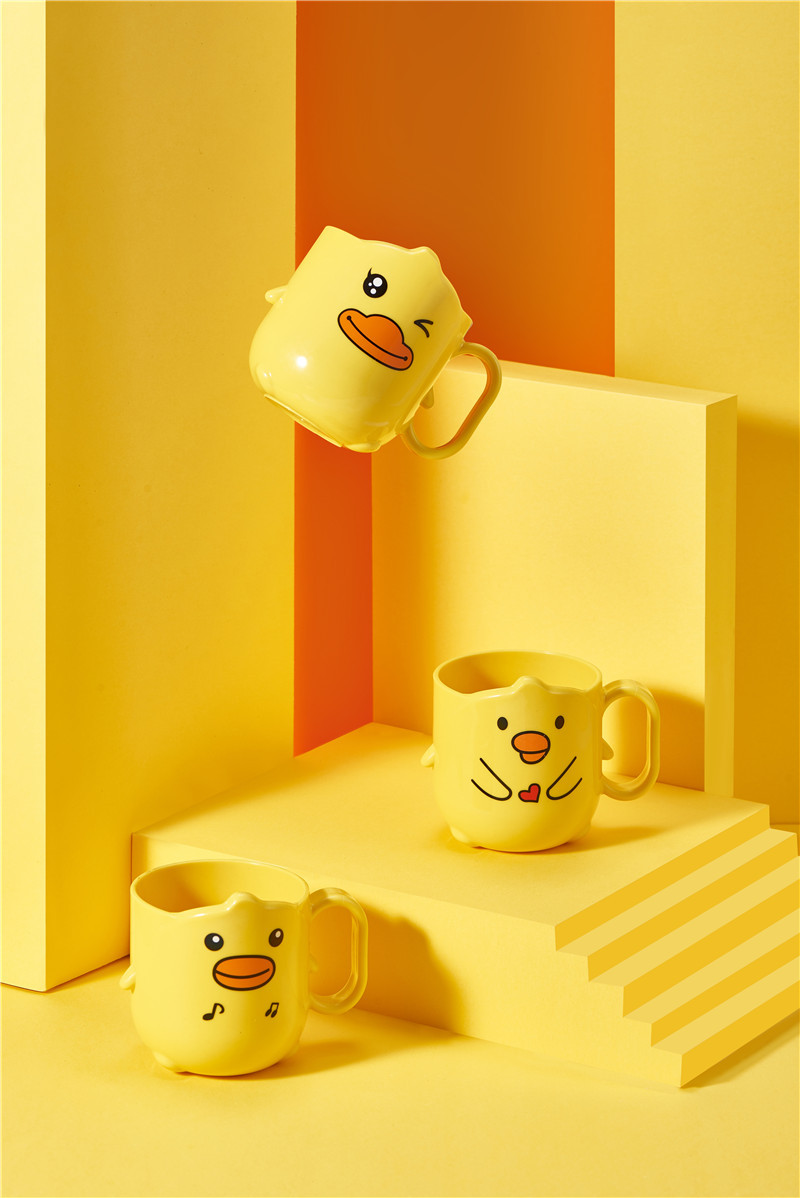 Small Yellow Duck Bowl Cup Spoon Fork 5-Piece Tableware Children's Cute Grid Cartoon Shape Lunch Plate Kindergarten Lunch Plate