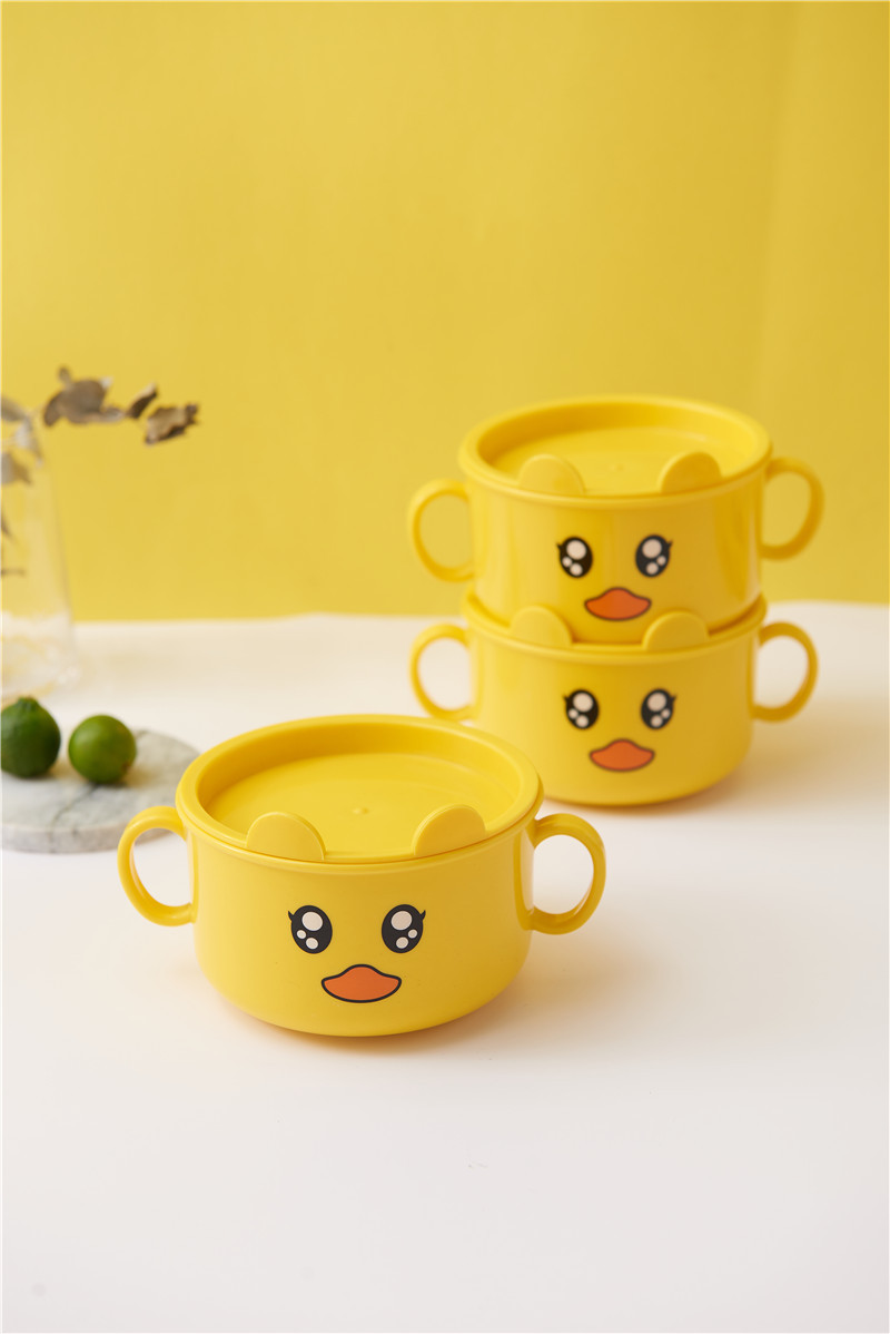 Small Yellow Duck Bowl Cup Spoon Fork 5-Piece Tableware Children's Cute Grid Cartoon Shape Lunch Plate Kindergarten Lunch Plate