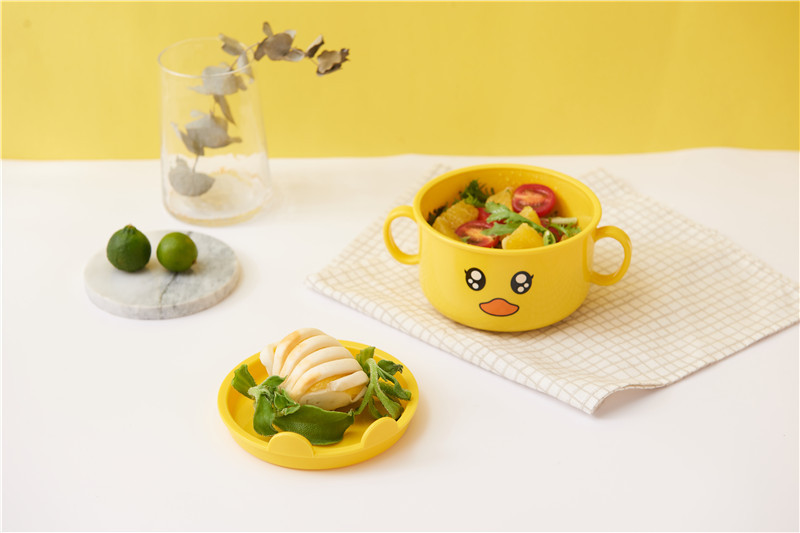 Small Yellow Duck Bowl Cup Spoon Fork 5-Piece Tableware Children's Cute Grid Cartoon Shape Lunch Plate Kindergarten Lunch Plate