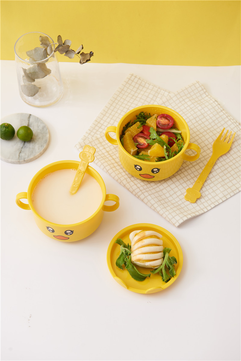 Small Yellow Duck Bowl Cup Spoon Fork 5-Piece Tableware Children's Cute Grid Cartoon Shape Lunch Plate Kindergarten Lunch Plate