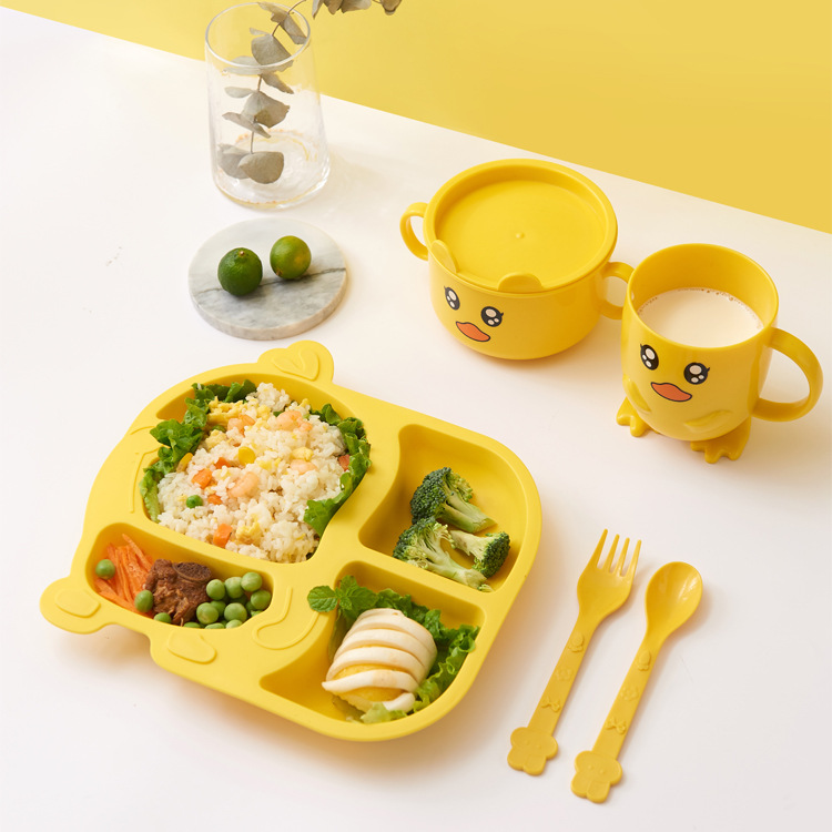 Household Small Yellow Duck Children&#039;s Tableware Set Cute Cartoon Grid Drop-Resistant Plate Spork Combination
