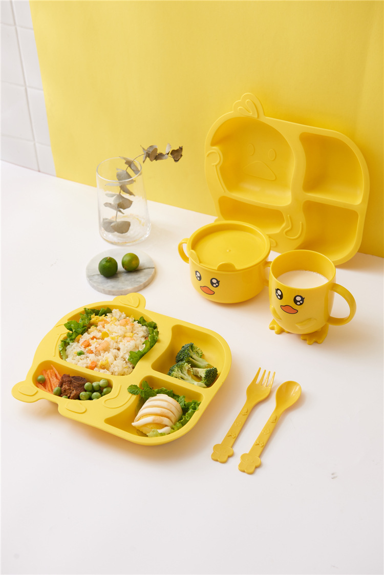 Household Small Yellow Duck Children's Tableware Set Cute Cartoon Grid Drop-Resistant Plate Spork Combination