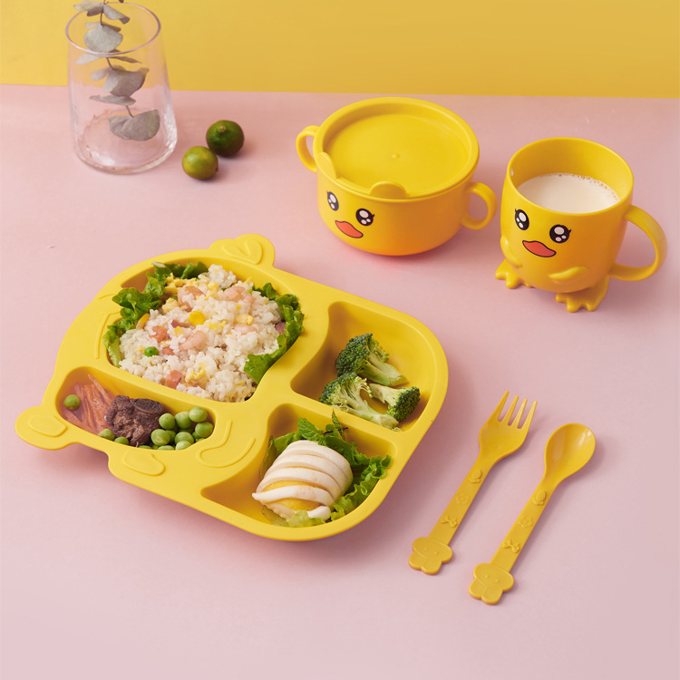 Household Small Yellow Duck Children&#039;s Tableware Set Cute Cartoon Grid Drop-Resistant Plate Spork Combination