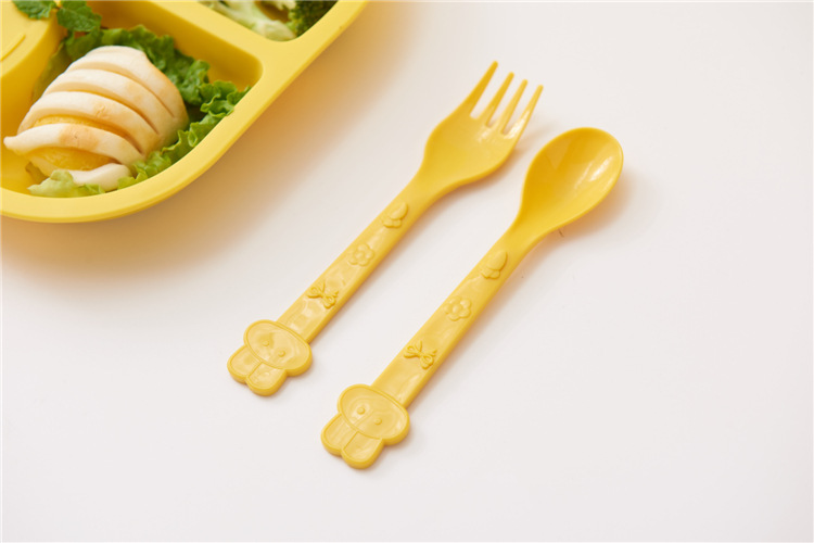 Household Small Yellow Duck Children's Tableware Set Cute Cartoon Grid Drop-Resistant Plate Spork Combination